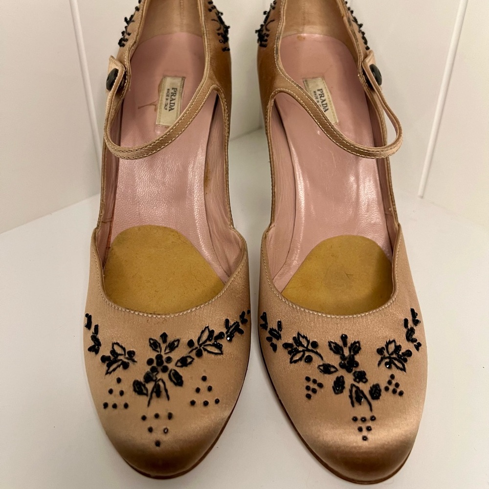 Prada Pink Satin Black Embroidered Mary Jane Heels
